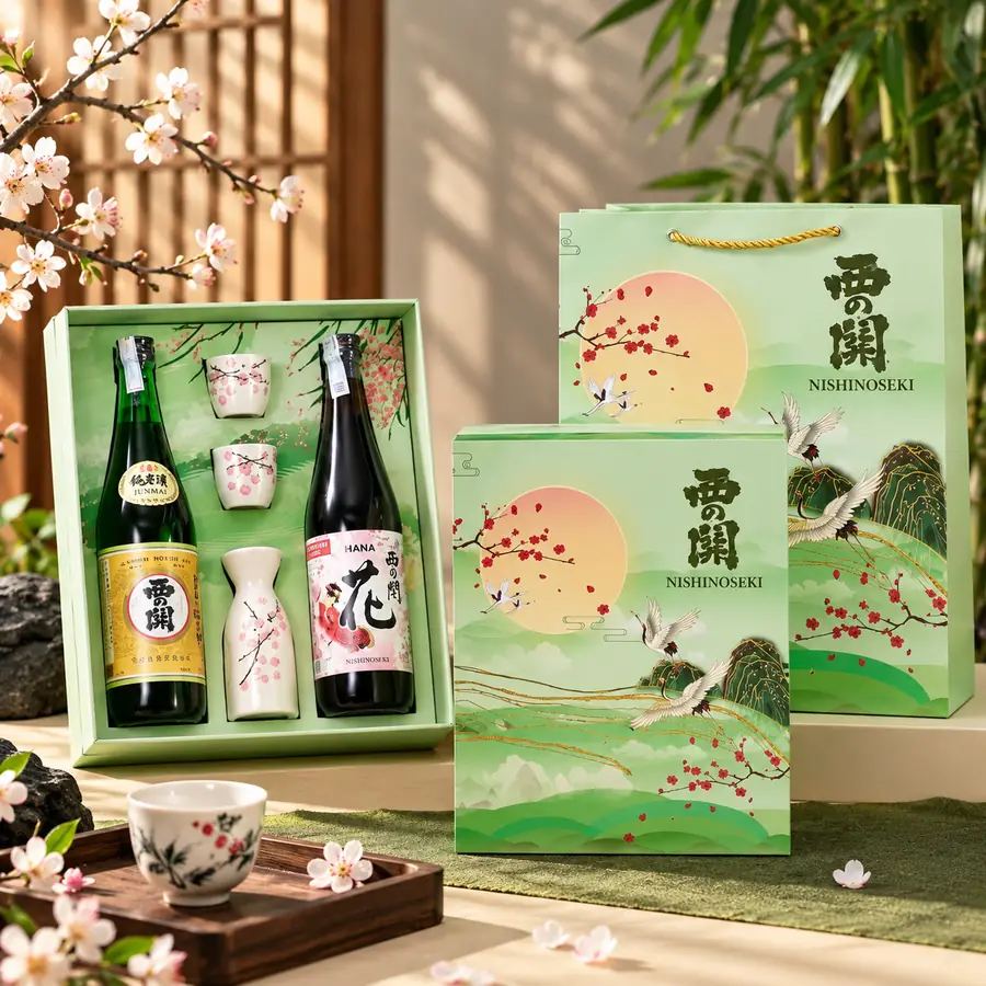 Hộp quà Tết sake Nishinoseki kèm túi xách — phù hợp tặng khách hàng và đại lý