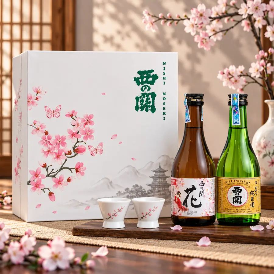 Hộp quà Tết sake hoa anh đào — kiểu trang nhã hợp gu đối tác Nhật Bản